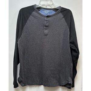 Joe Fresh men’s gray Henley black sleeves 1/4 button baseball shirt  L #29-0733
